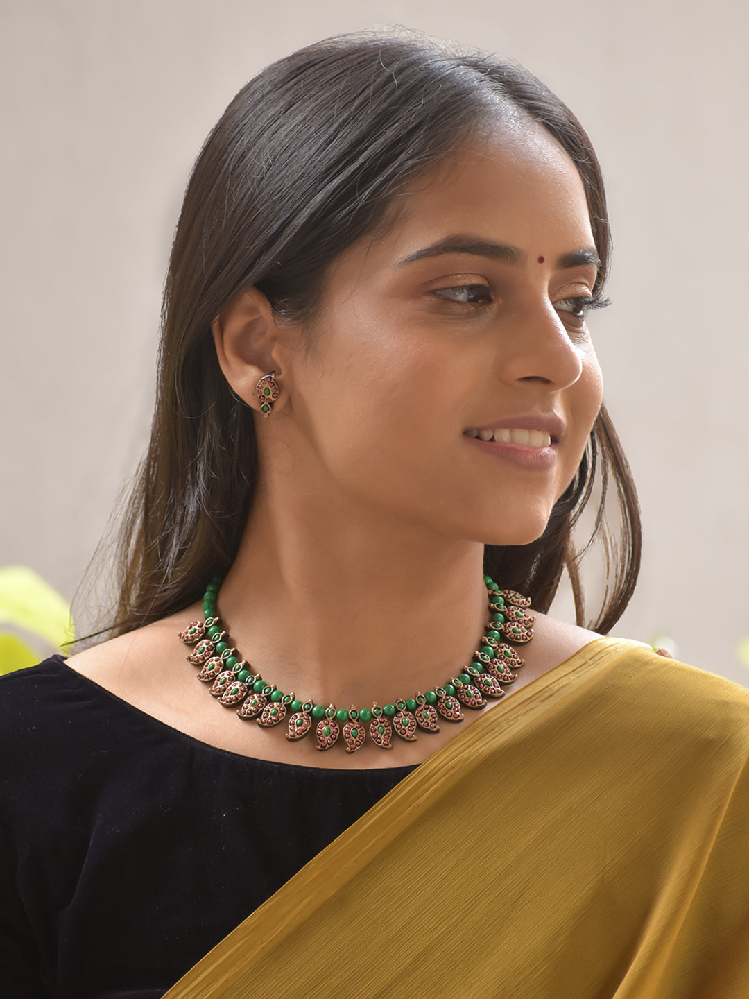 Verdhara - Mango Green Leaf Motif Terracotta Necklace Set Stud Earrings