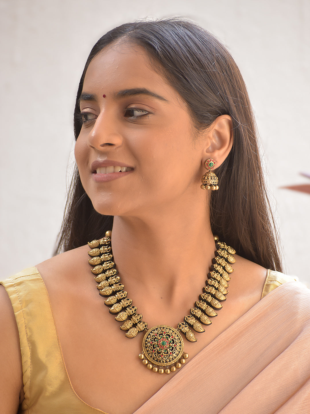 Terracotta Antique Gold Coin Necklace with Round Floral Pendant & Jhumka Earrings