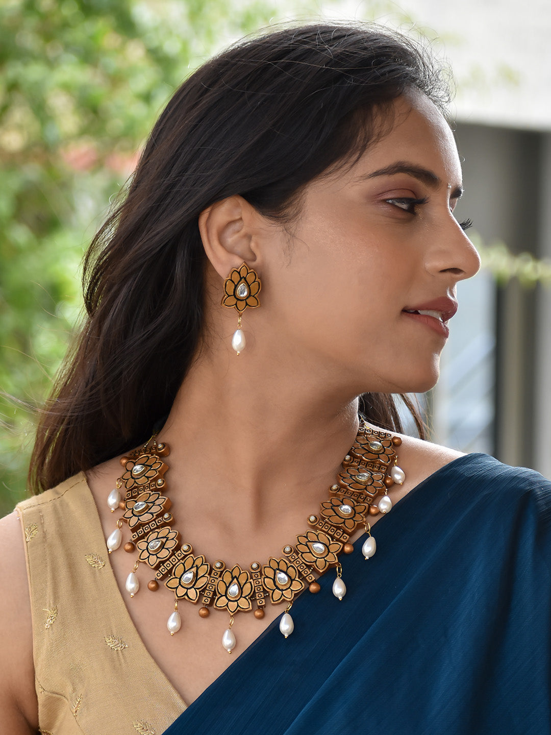 Beautifully Handcrafted Floral Terracotta Jewellery Set in Gold & White with Kundan Stones