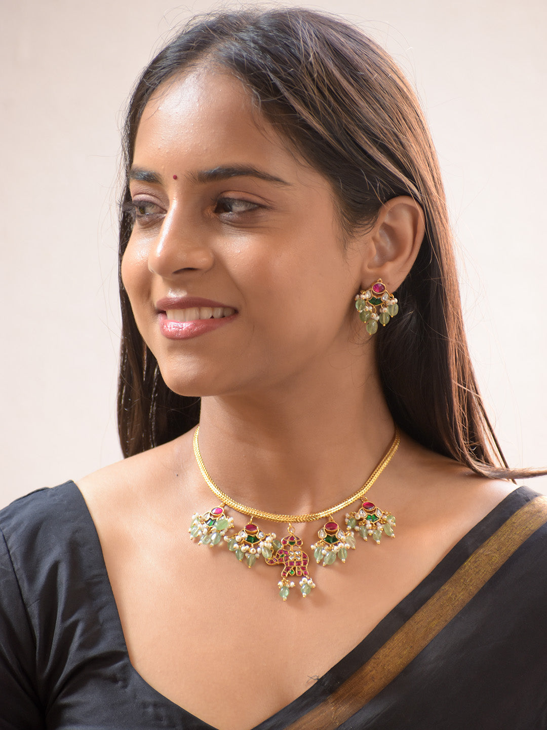 Premium Gold-Plated Jadau Elephant Motif Necklace Set with Onyx and Kundan