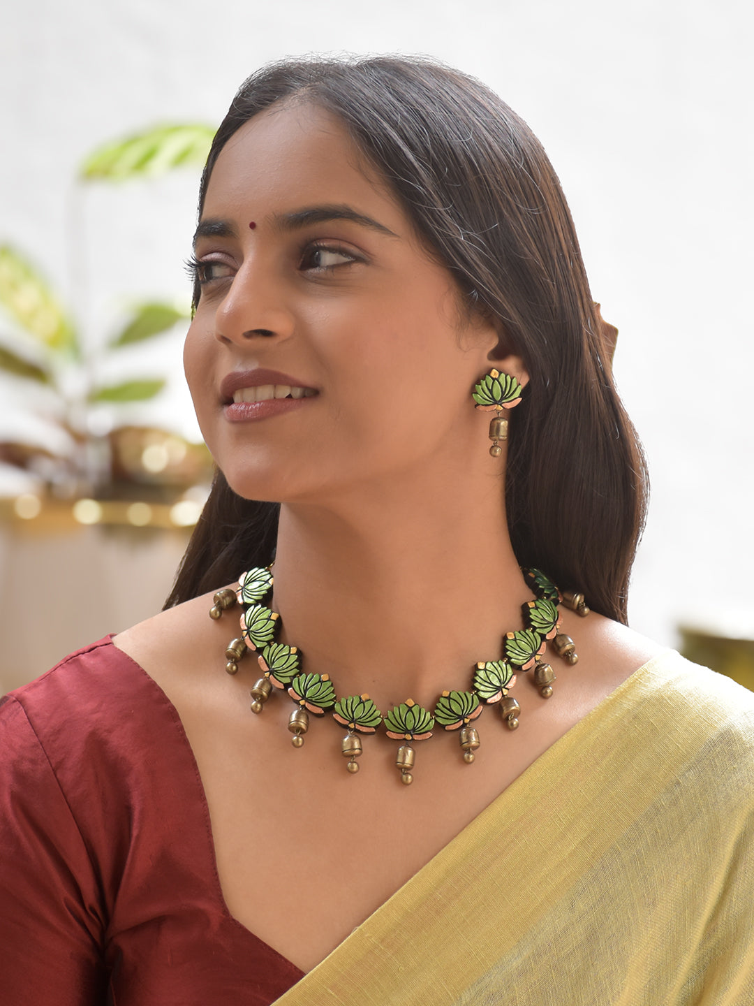 Terracotta Green Lotus Necklace with Golden Bell Drops & Earrings