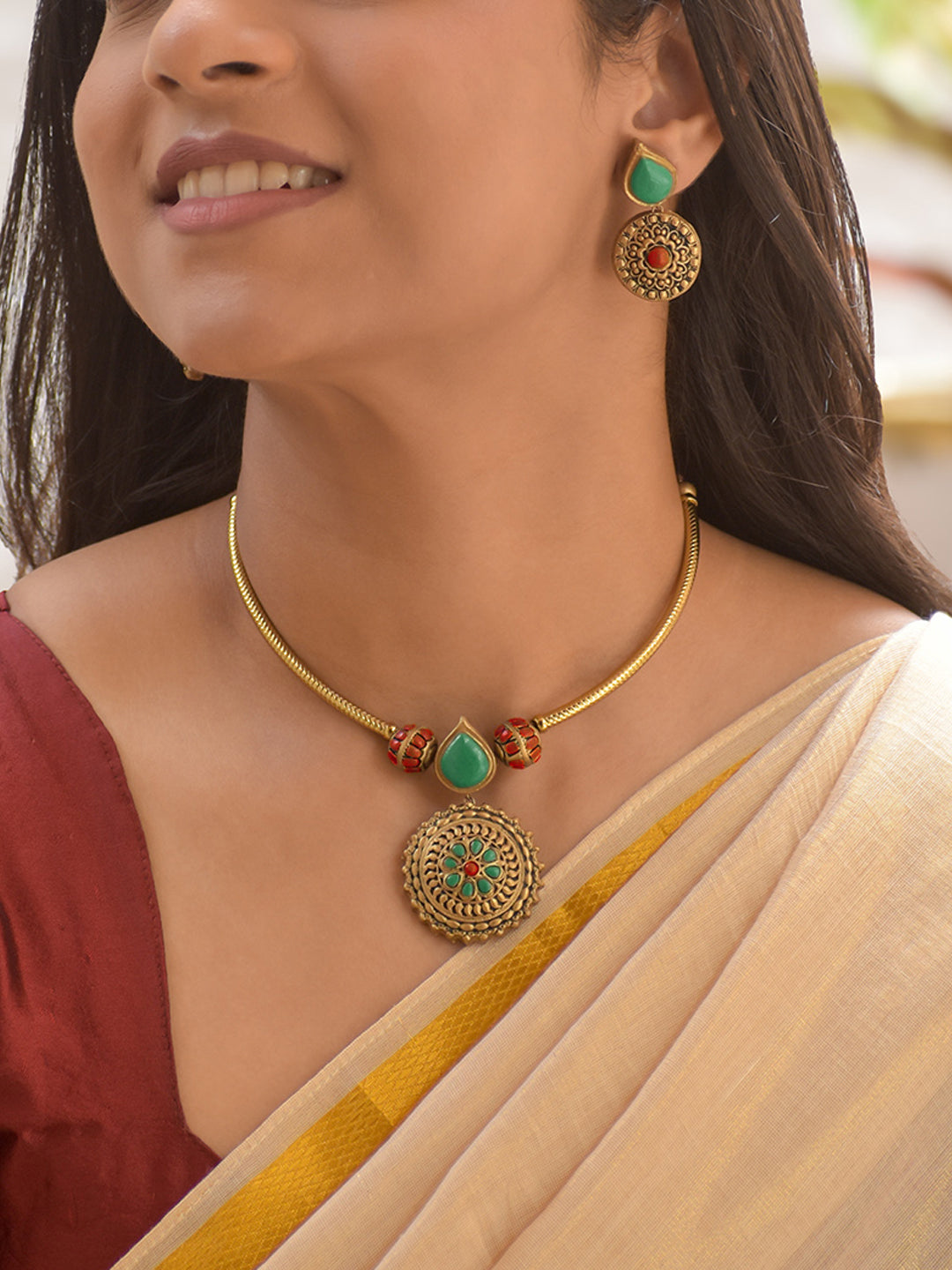 Terracotta Mandala Art Antique Round Pendant Necklace Set with Green Accents