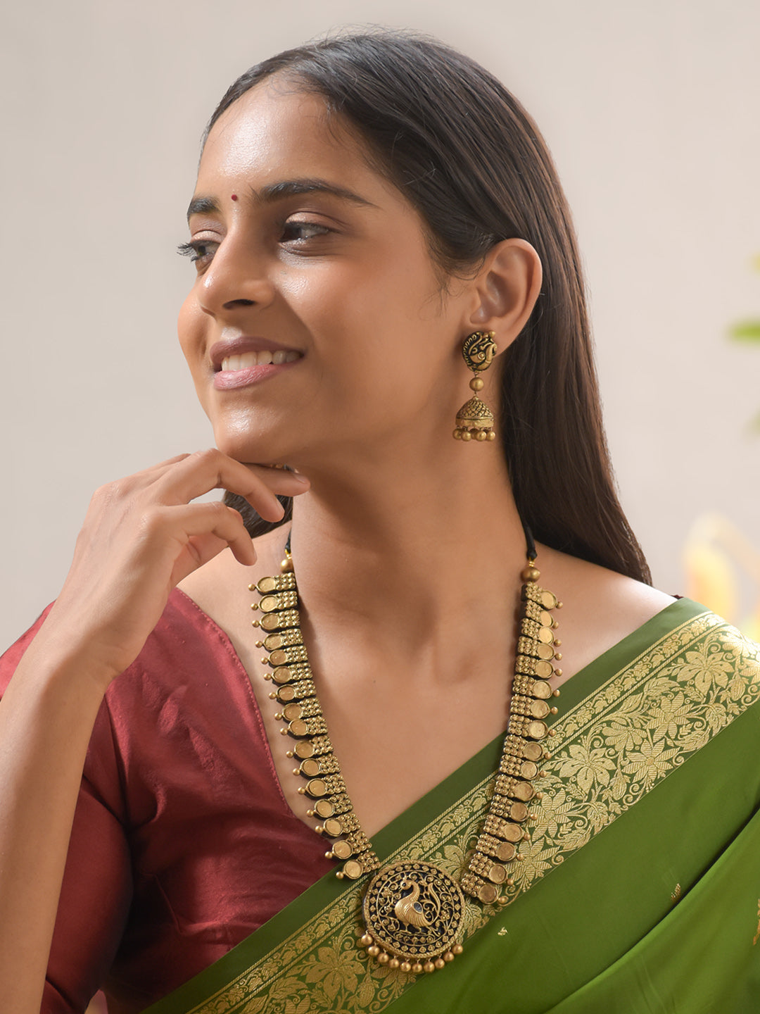 Antique Gold Peacock Coin Design Handmade Terracotta Necklace Set