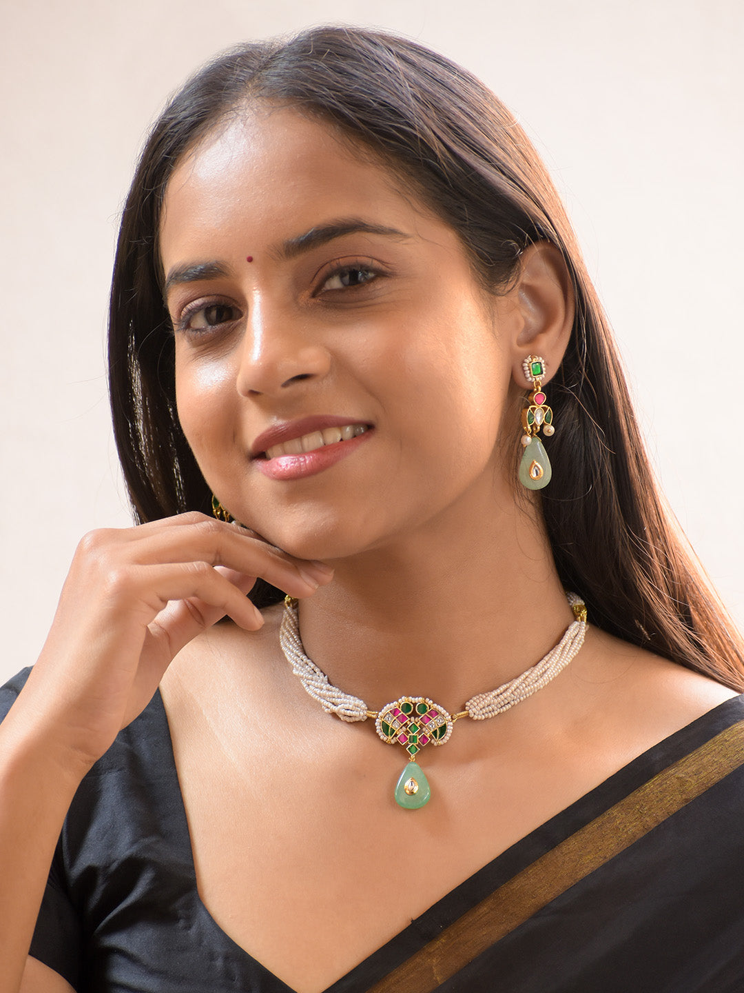 Premium Crafted 18K Gold Plated Kundan Pendant Necklace Set with Gemstone Drops and Pearls