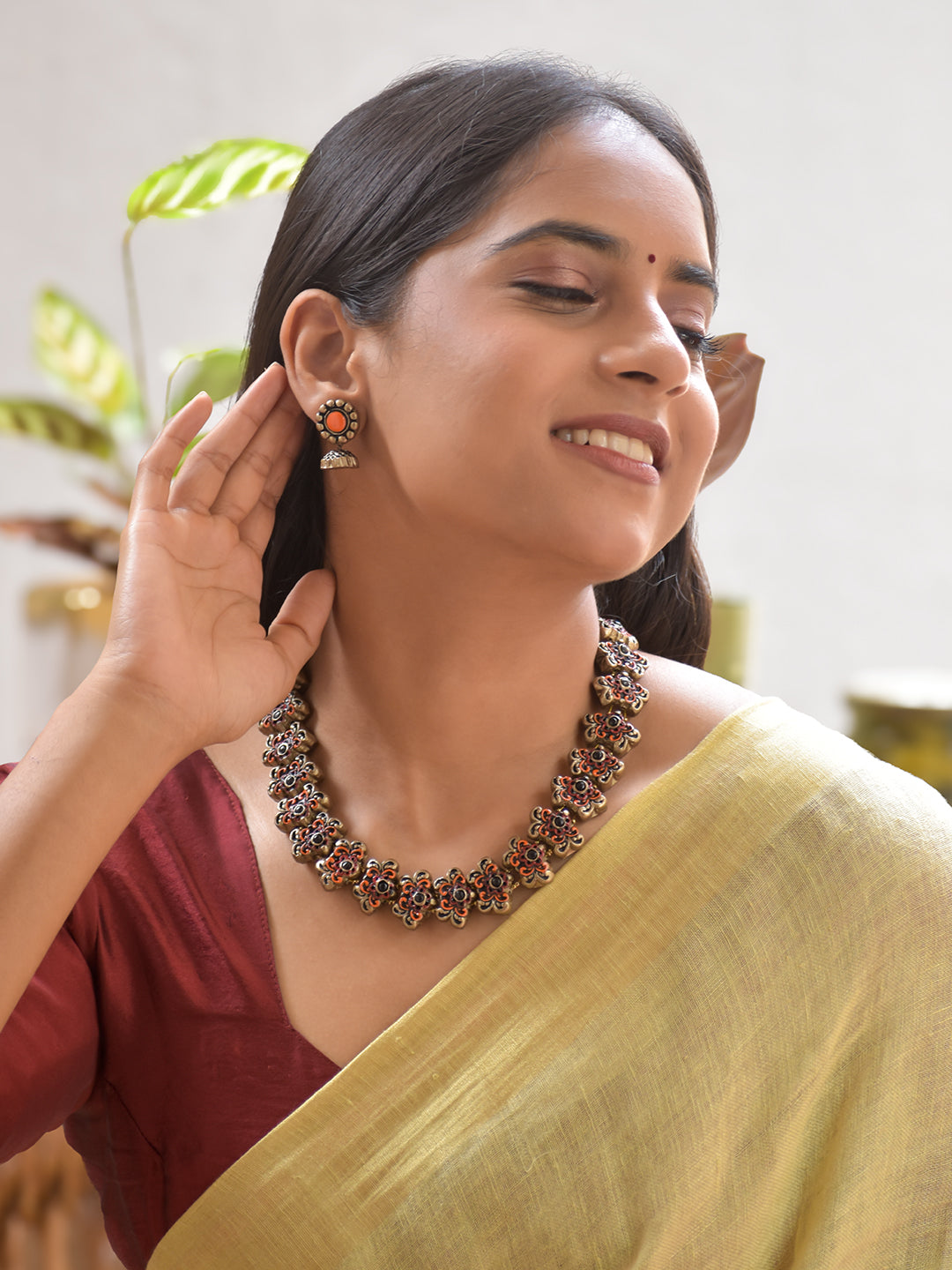 Terracotta Orange Floral Bead Necklace with Antique Black Accents & Earrings