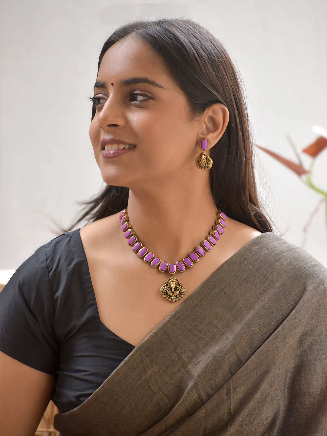 Terracotta Purple Oval Bead Necklace with Ganesha Pendant & Earrings