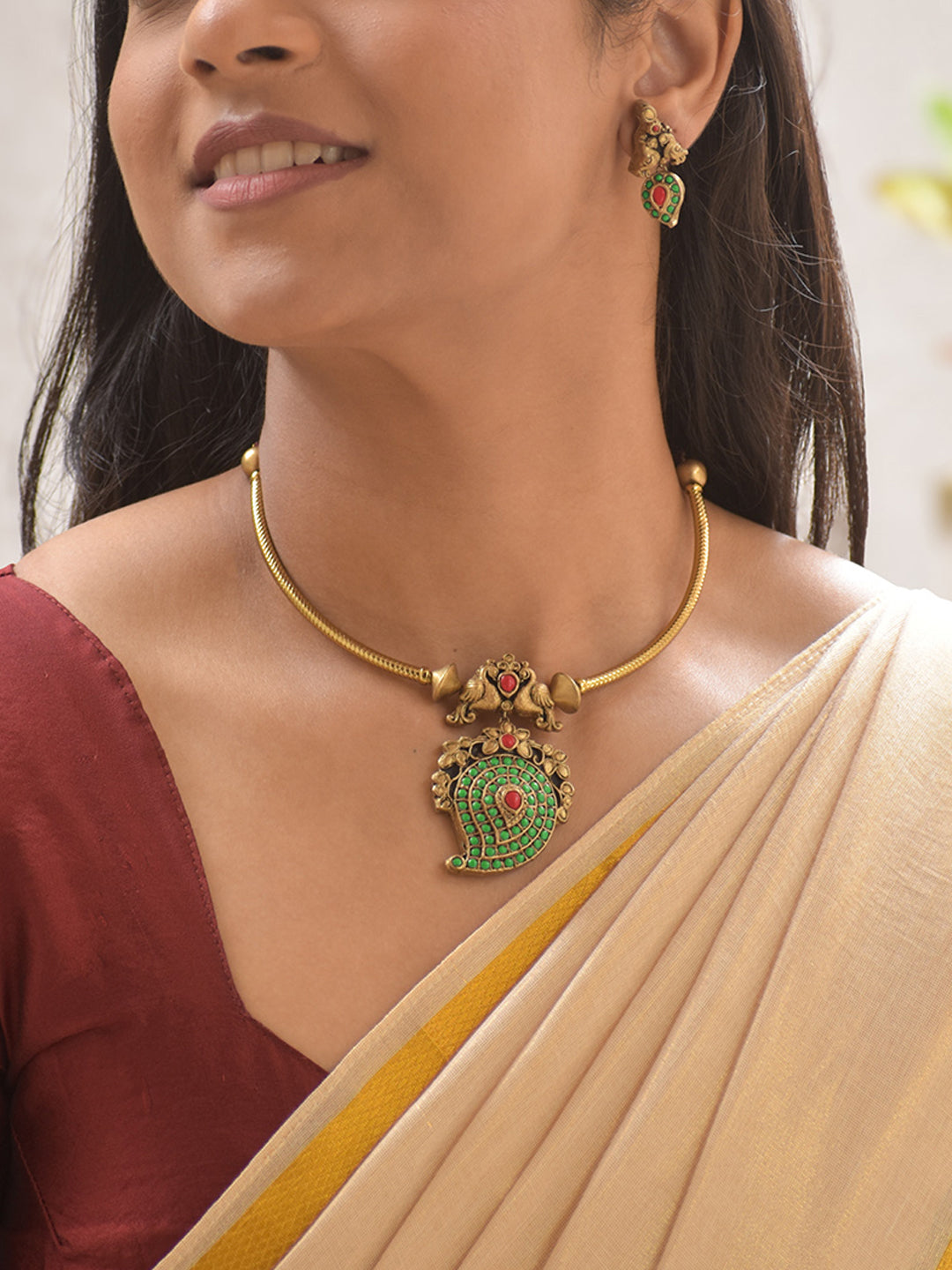 Terracotta Peacock Pendant Necklace Set with Green and Ruby Accents