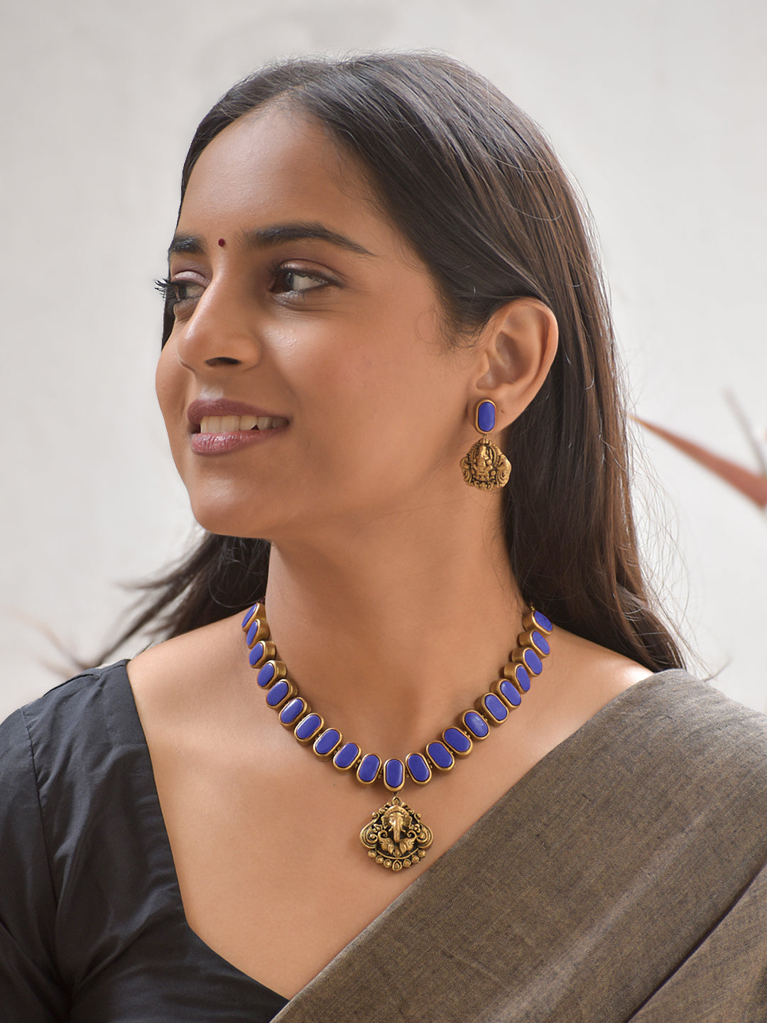 Terracotta Blue Oval Bead Necklace with Ganesha Pendant & Earrings