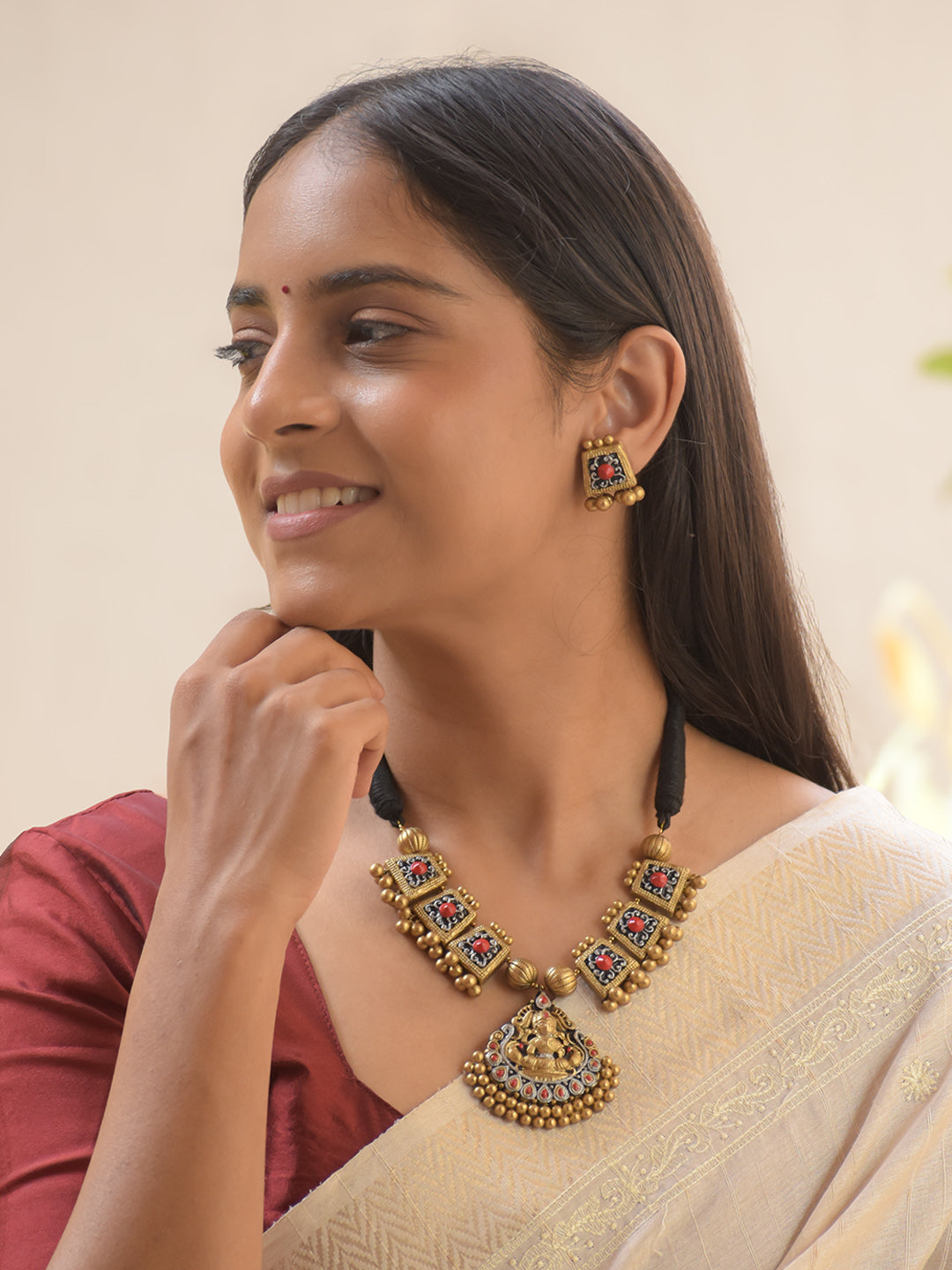 Antique Gold Red Silver Lakshmi Mandala Design Handmade Terracotta Necklace Set