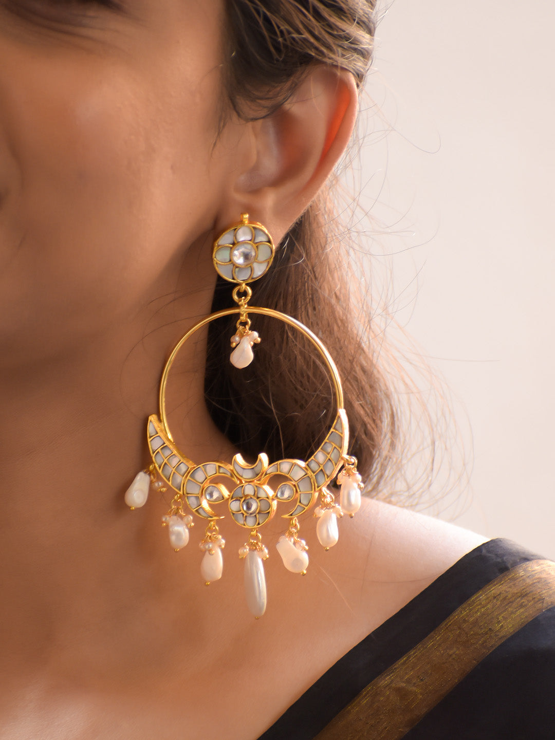 Premium Crafted 18K Gold Plated Kundan Hoop Earrings with Polki and Pearl Drops
