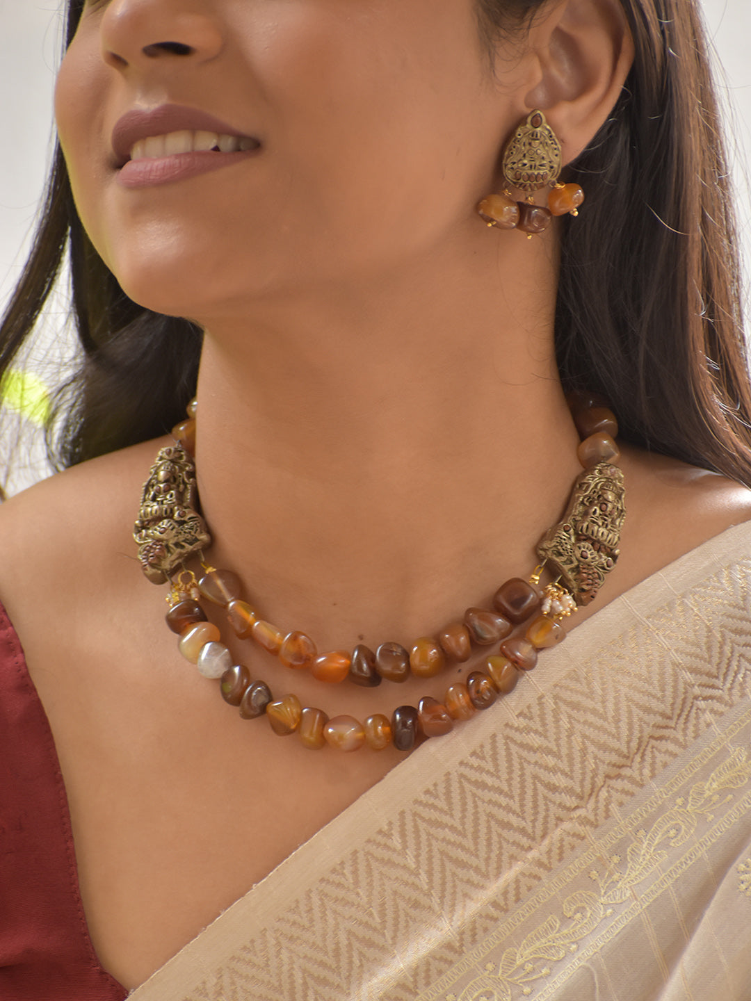 Handcrafted Terracotta Lakshmi Necklace Set with Dual-Layer Carnelian Beads and Matching Earrings