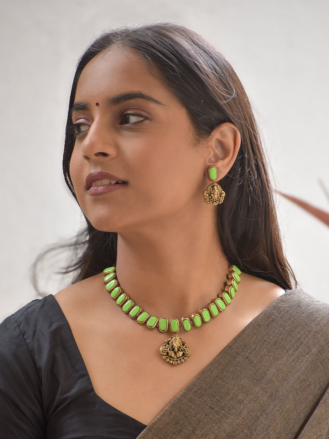 Terracotta Light Green Oval Bead Necklace with Ganesha Pendant & Earrings