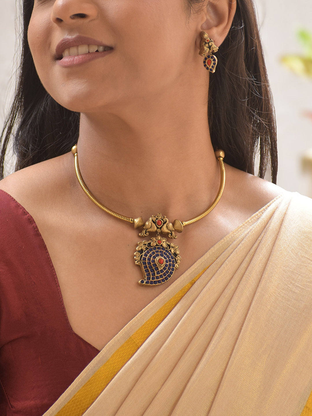 Terracotta Peacock Pendant Necklace Set with Blue and Ruby Accents