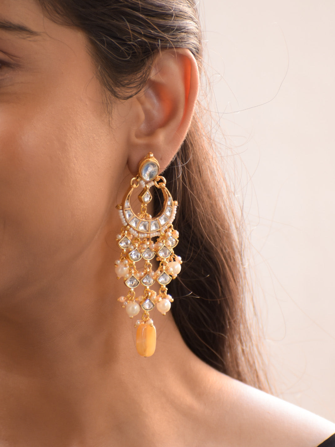Premium Crafted 18K Gold Plated Bridal Kundan Chandbali Earrings with Gemstone and Pearl Drops