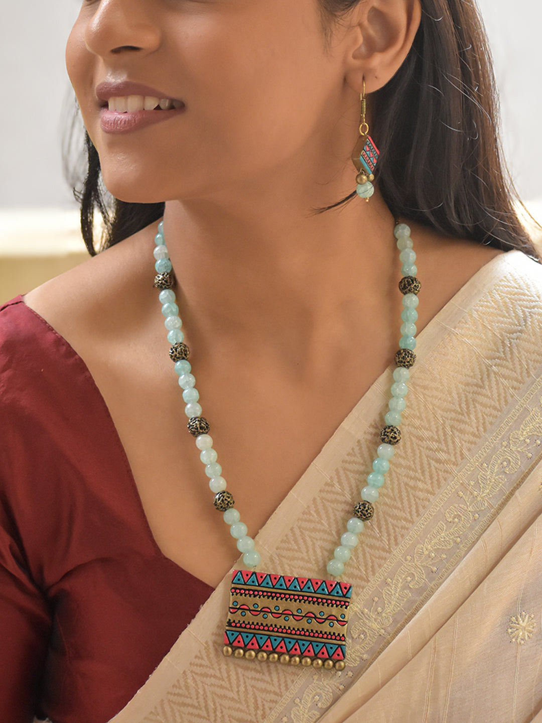 Handcrafted Terracotta Tribal Necklace Set with Aqua Blue Beads and Matching Earrings
