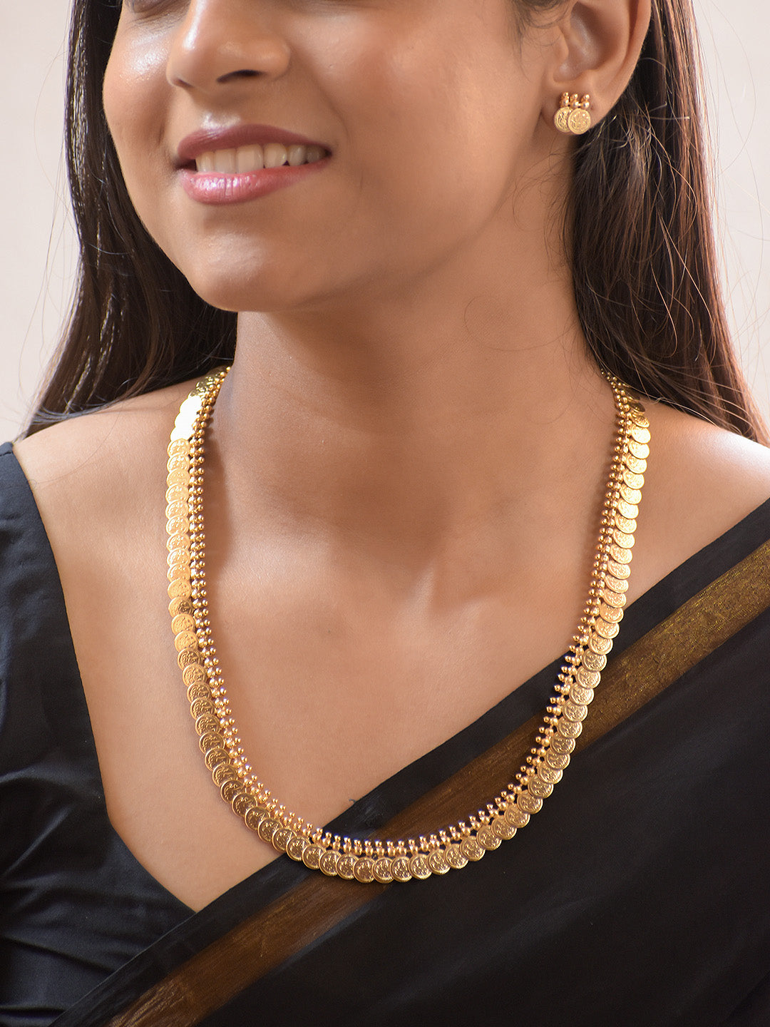 Traditional Gold-Plated Kasu Mala Necklace with Matching Earrings