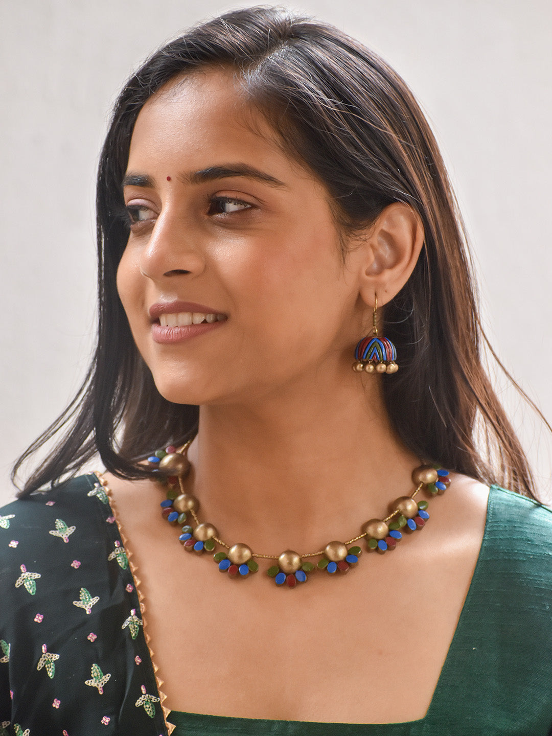 Handcrafted Terracotta Floral Necklace Set with Gold, Red, Blue & Green Petals, and Matching Earrings