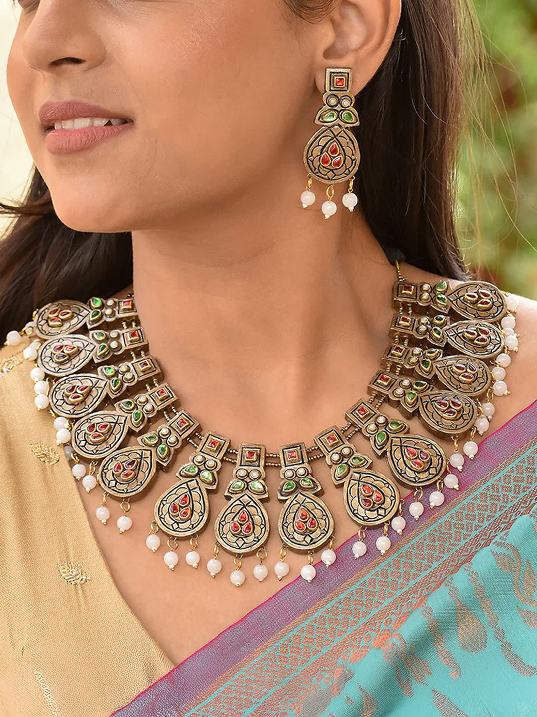 Beautifully Handmade Antique Bronze Terracotta Jewellery Set with Red, Green & Kundan Stones