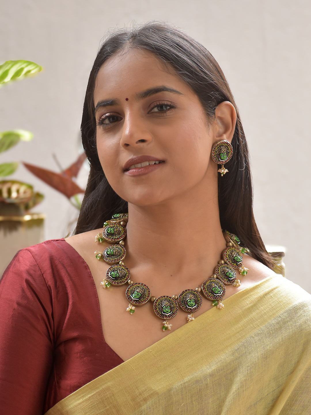 Terracotta Kathakali Face Necklace with Green Accents & Earrings