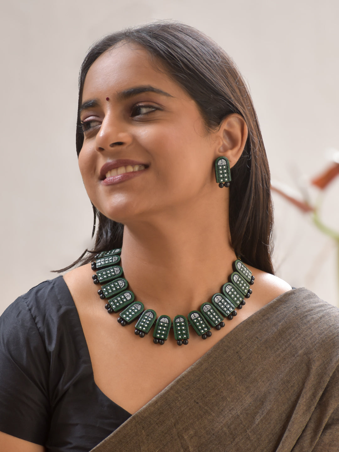 Terracotta Dark Green Hand-Painted Bead Necklace with Matching Earrings