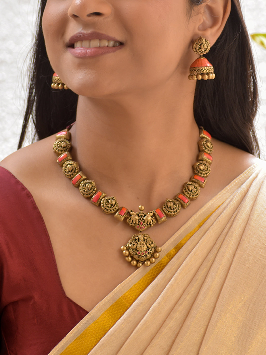 Terracotta Lakshmi Pendant Antique Temple Necklace Set with Pink Orange Highlights