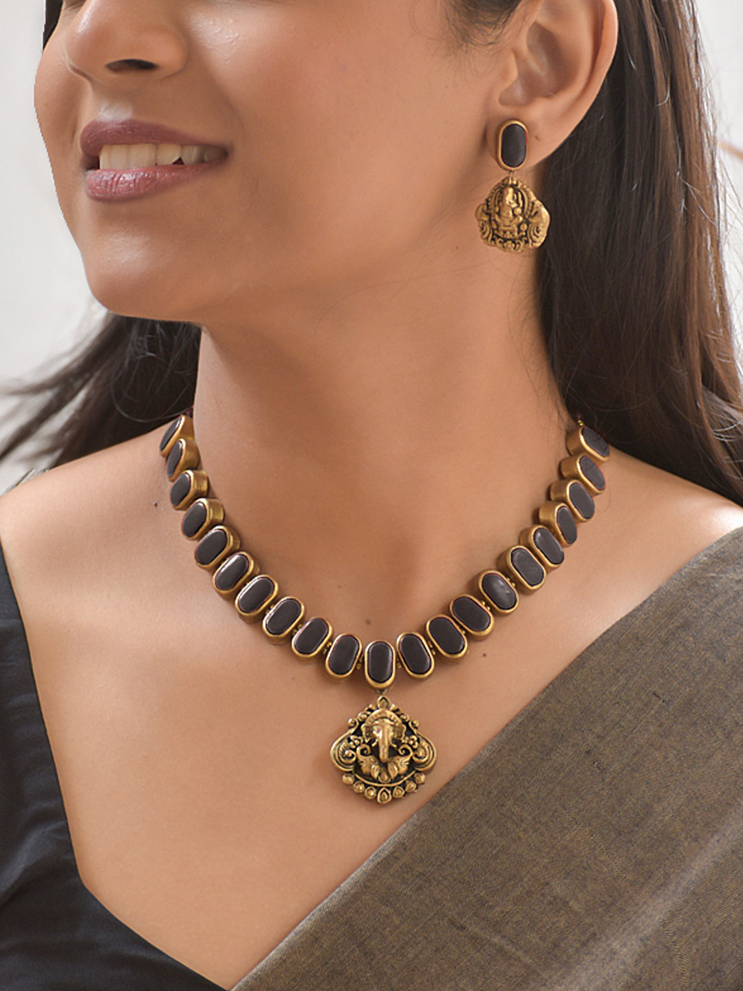 Terracotta Black Oval Bead Necklace with Ganesha Pendant & Earrings