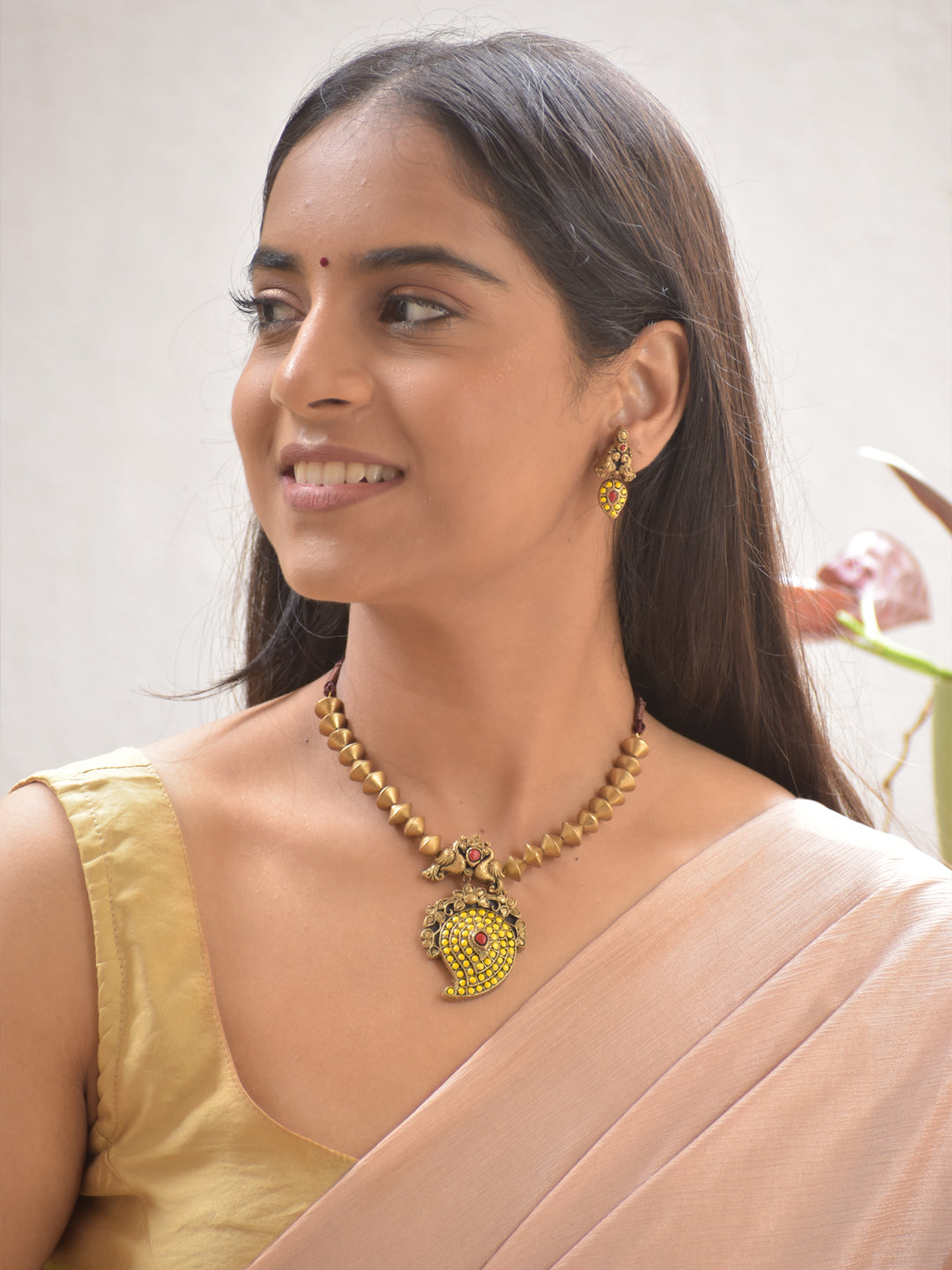 Terracotta Cone Bead Necklace with Peacock Motif & Yellow-Red Paisley Pendant