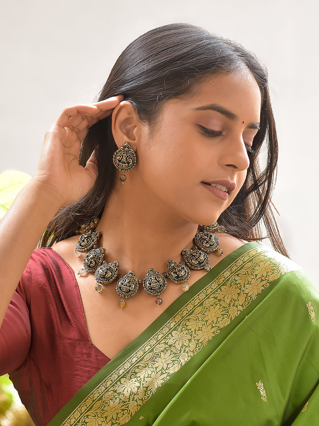 Handcrafted Terracotta Antique Gold Necklace Set with Lord Lakshmi Motifs and Beaded Drops