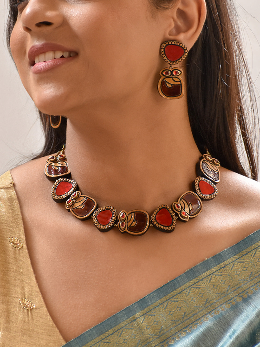 Beautifully Handcrafted Contemporary Terracotta Jewellery Set in Red, Brown & Gold with Kundan Stones