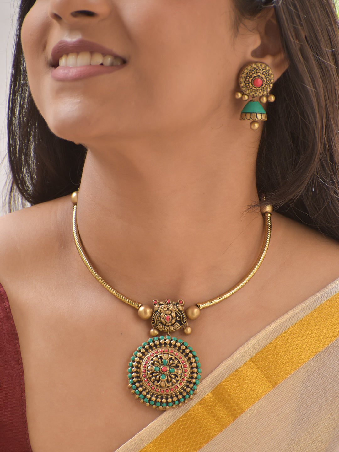 Terracotta Mandala Art Antique Round Pendant Necklace Set with Green Highlights