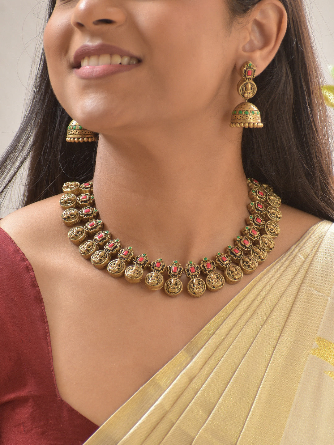 Terracotta Lakshmi Coin Necklace Set with Antique Finish and Ruby-Green Accents