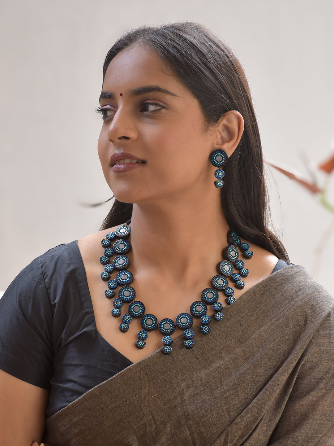 Terracotta Black & Blue Circular Layered Necklace with Earrings