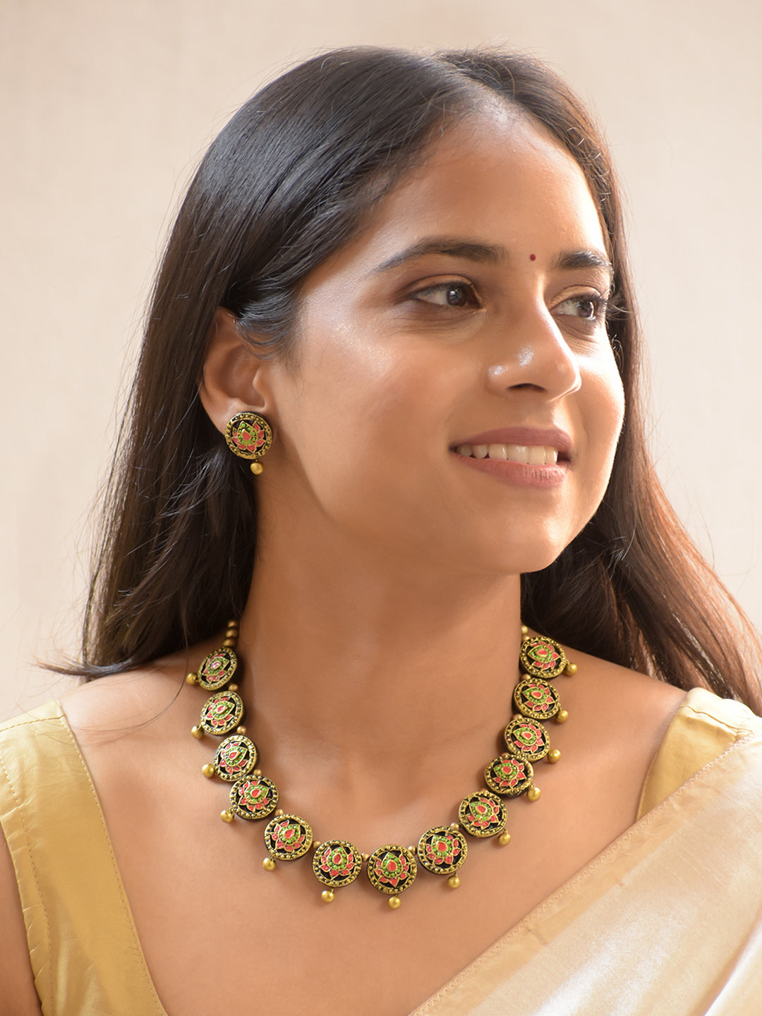 Handcrafted Terracotta Lotus Motif Choker Set in Antique Gold with Pink & Green Accents