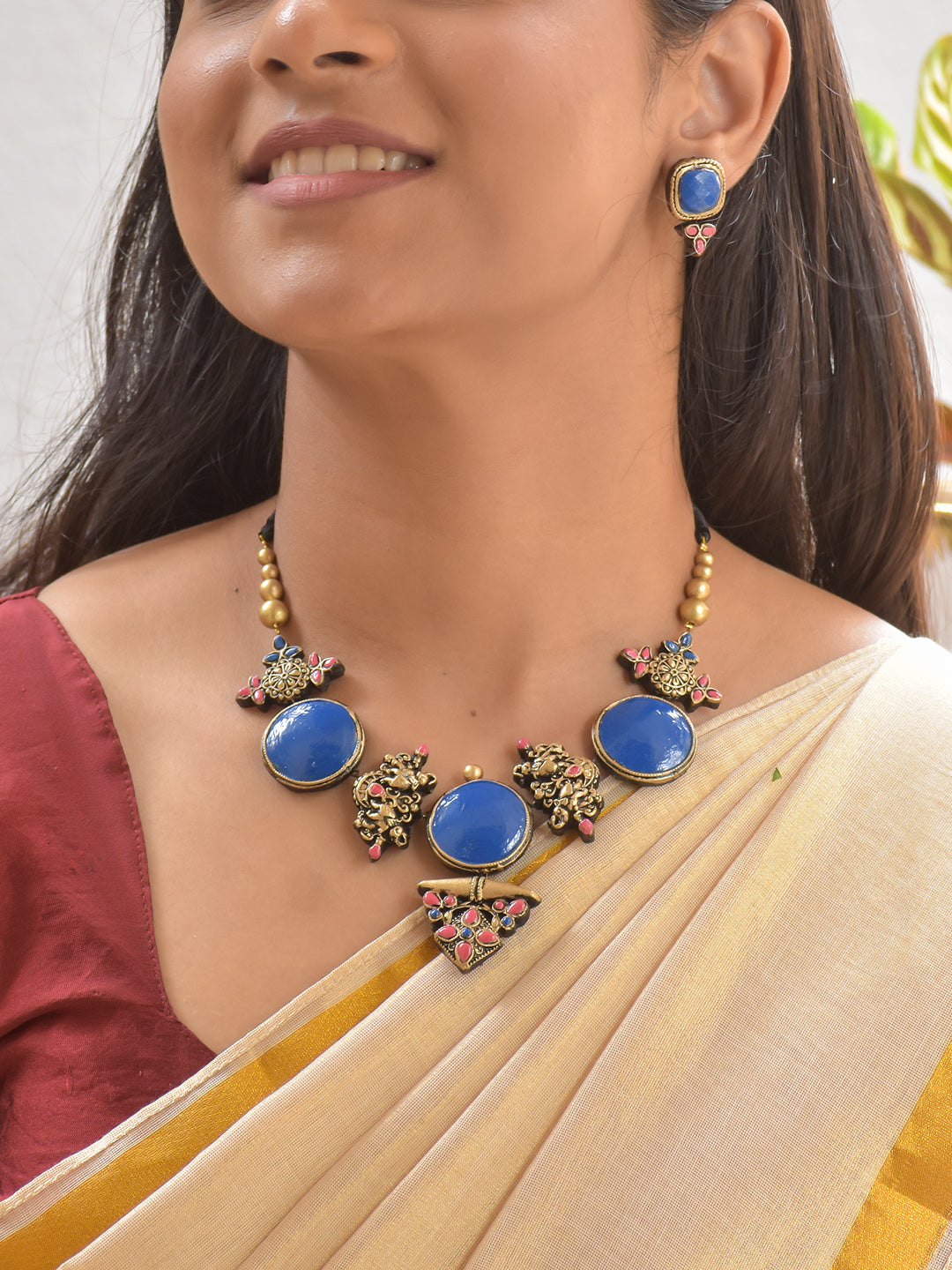 Terracotta Blue Royal Circle Necklace Set with Peacock Motifs