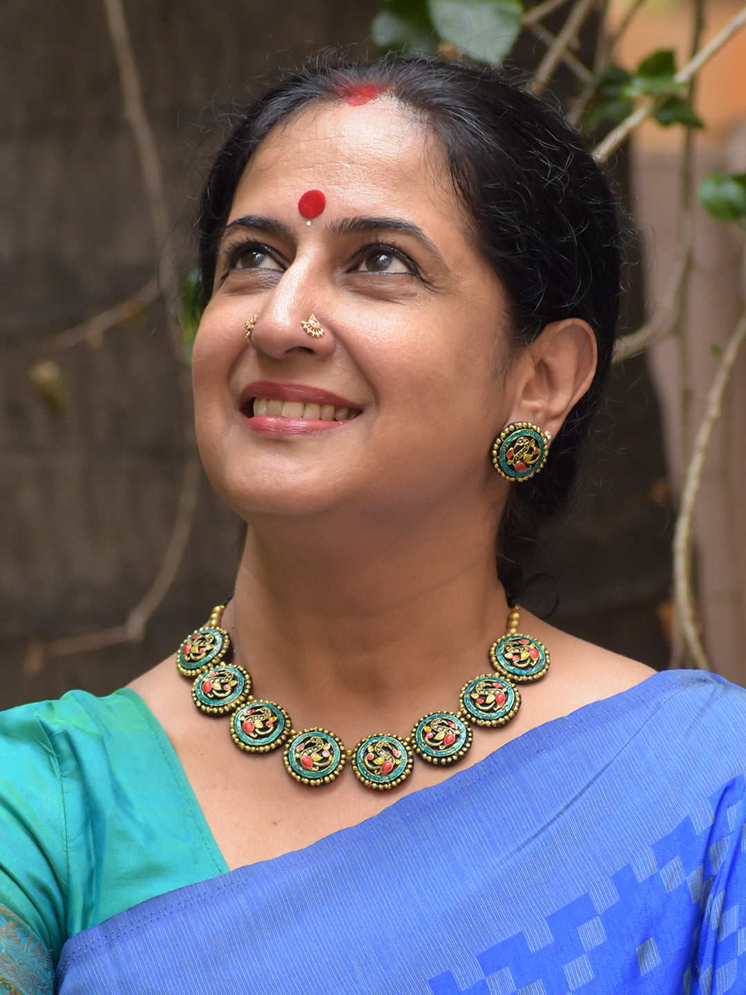 Handcrafted Peacock Design Terracotta Necklace Set in Blue, Pink & Antique Gold