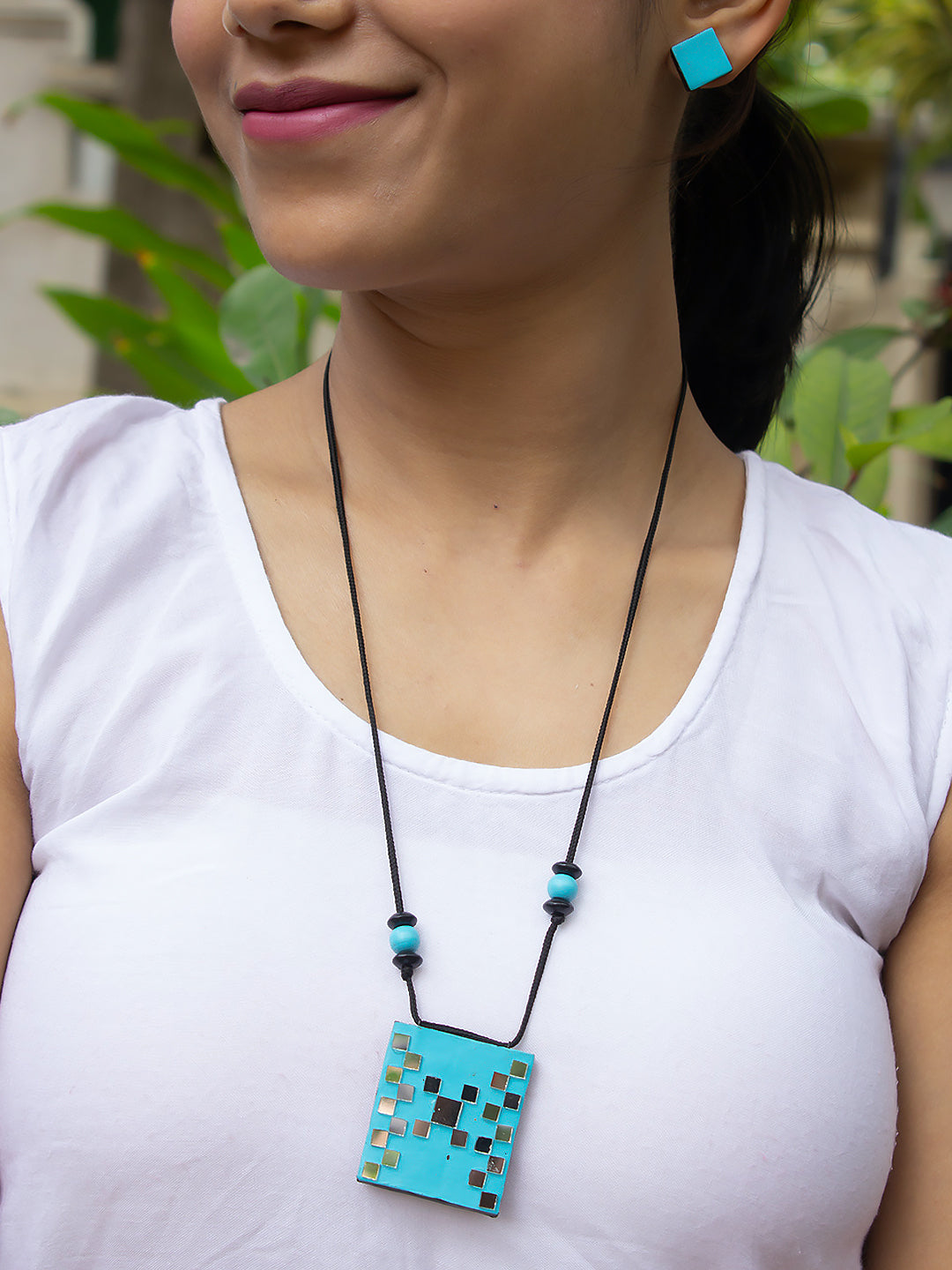 Sky Blue Geometric Square Design Mirror Work Minimalistic Handmade Terracotta Necklace Set