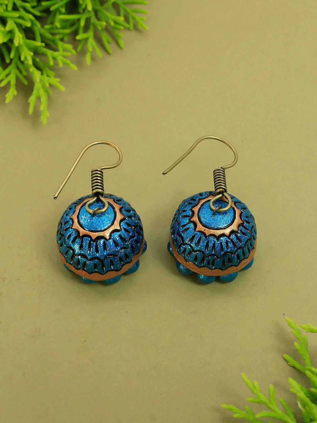 Blue and Copper Colour Mandala Art Design Handmade Terracotta Jhumka Earring