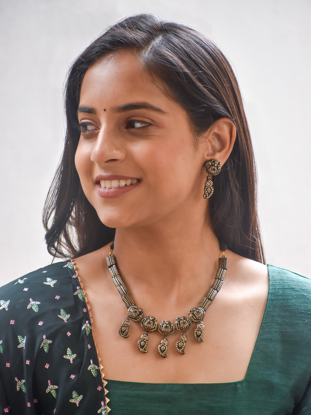 Handcrafted Antique Finish Terracotta Necklace Set with Intricate Motifs and Matching Earrings