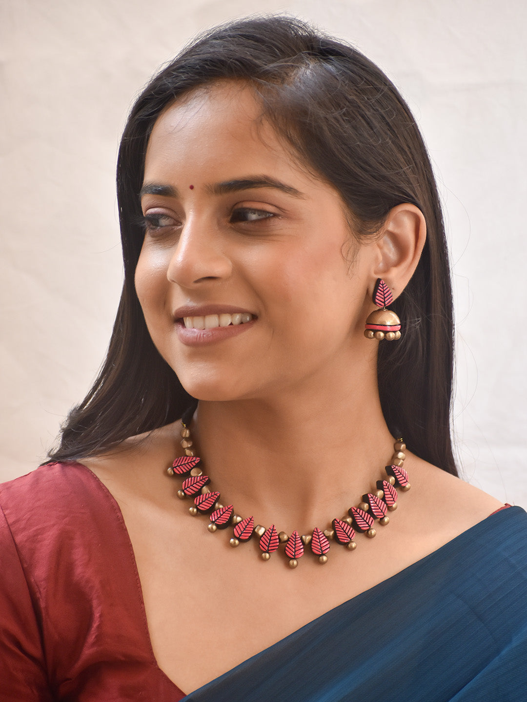 Handcrafted Terracotta Leaf Necklace Set with Red and Golden Bead Earrings