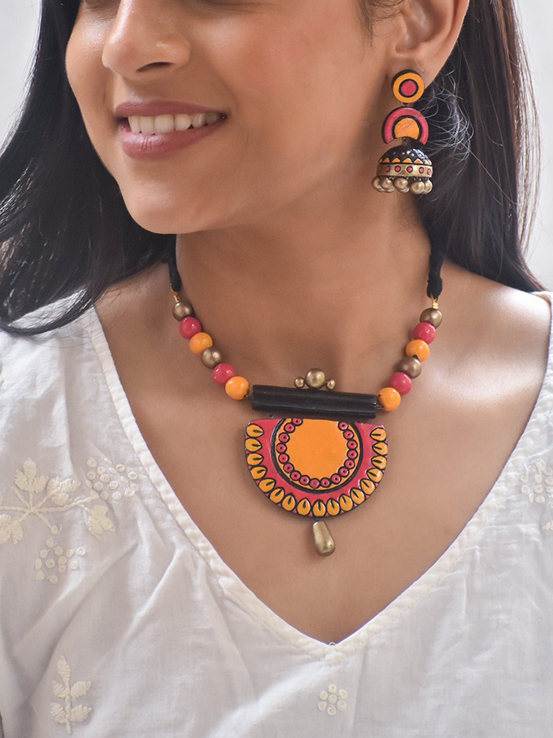 Handcrafted Terracotta Necklace Set with Yellow, Pink, Orange, Black Tribal Design with Matching Jhumka Earrings