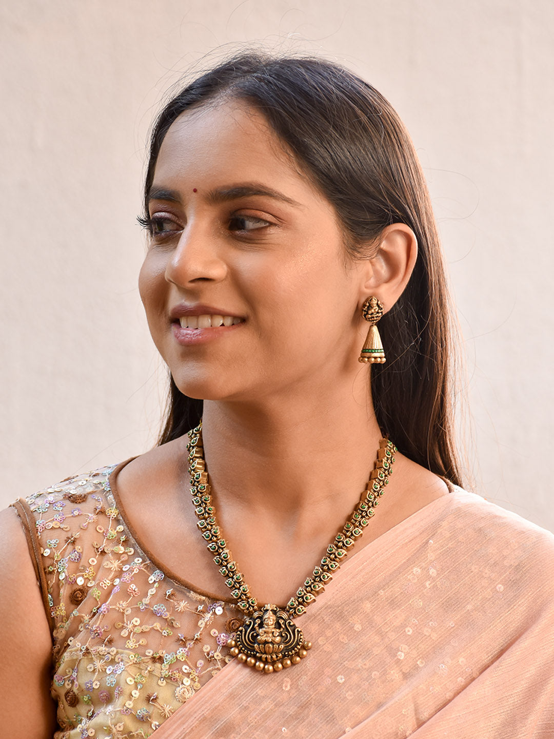 Beautifully Handmade Lakshmi Pendant Design Terracotta Jewellery Set in Antique Gold & Green