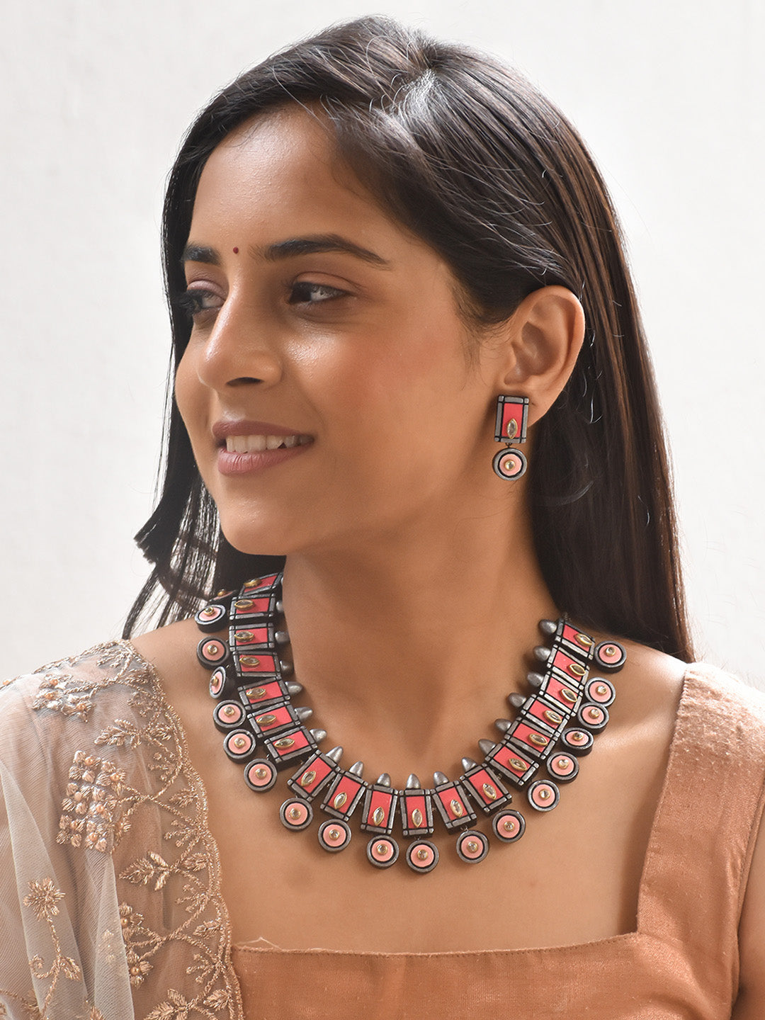 Handcrafted Terracotta Statement Necklace Set with Pink and Antique Silver & Matching Earrings