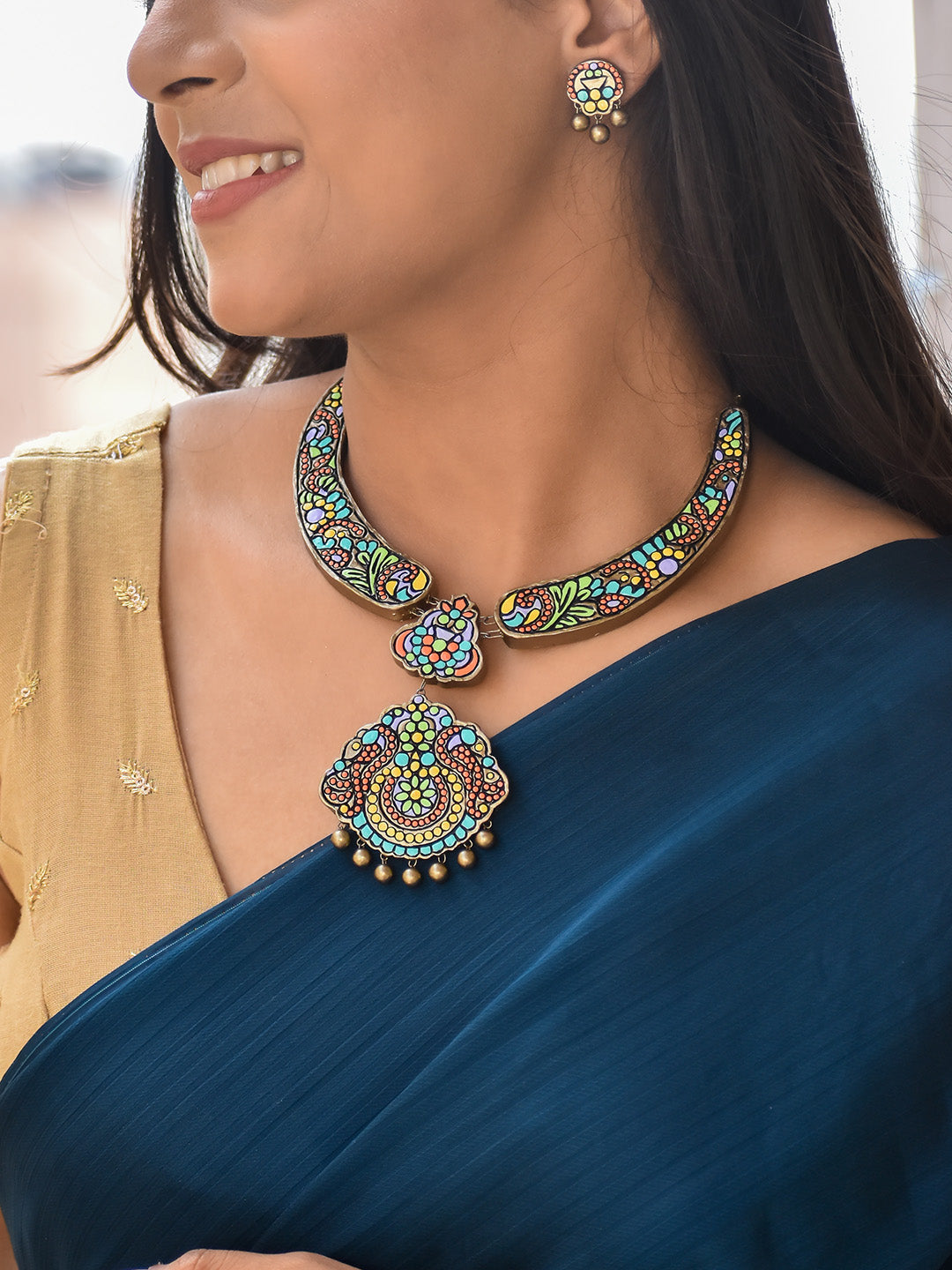 Beautifully Handcrafted Floral Terracotta Jewellery Set in Multicolor & Antique Bronze