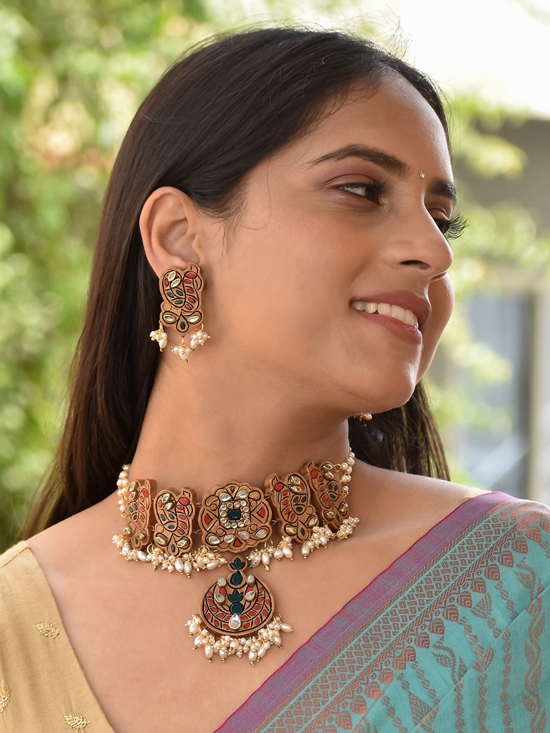 Beautifully Handcrafted Geometric Terracotta Jewellery Set in Gold, Red & Green with Kundan Stones