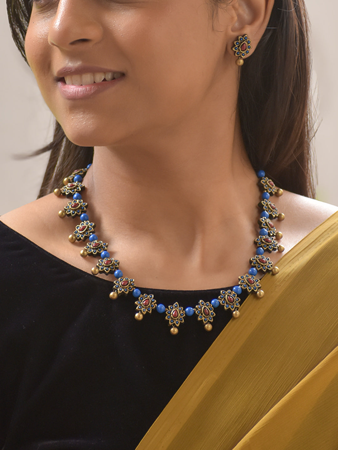 Neelapushpa - Floral Pattern Terracotta Necklace Set with Blue Accents Stud Earrings