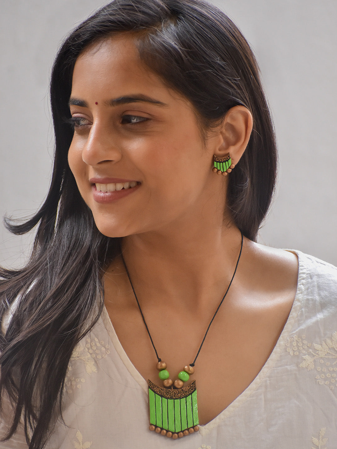 Handcrafted Geometric Terracotta Jewellery Set in Green & Antique Gold