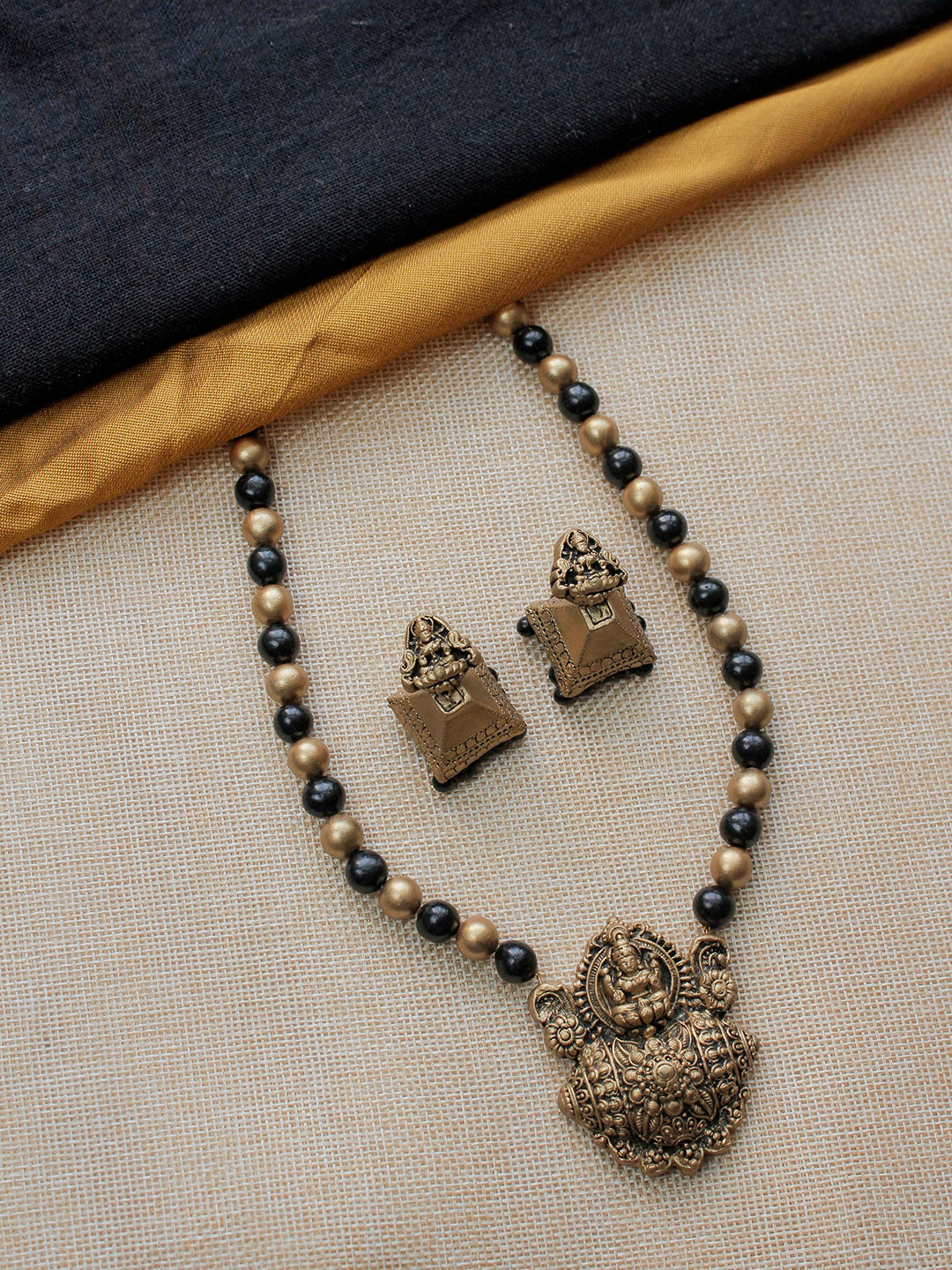 Handmade Temple Pendant Terracotta Jewellery Set in Black & Antique Gold Finish