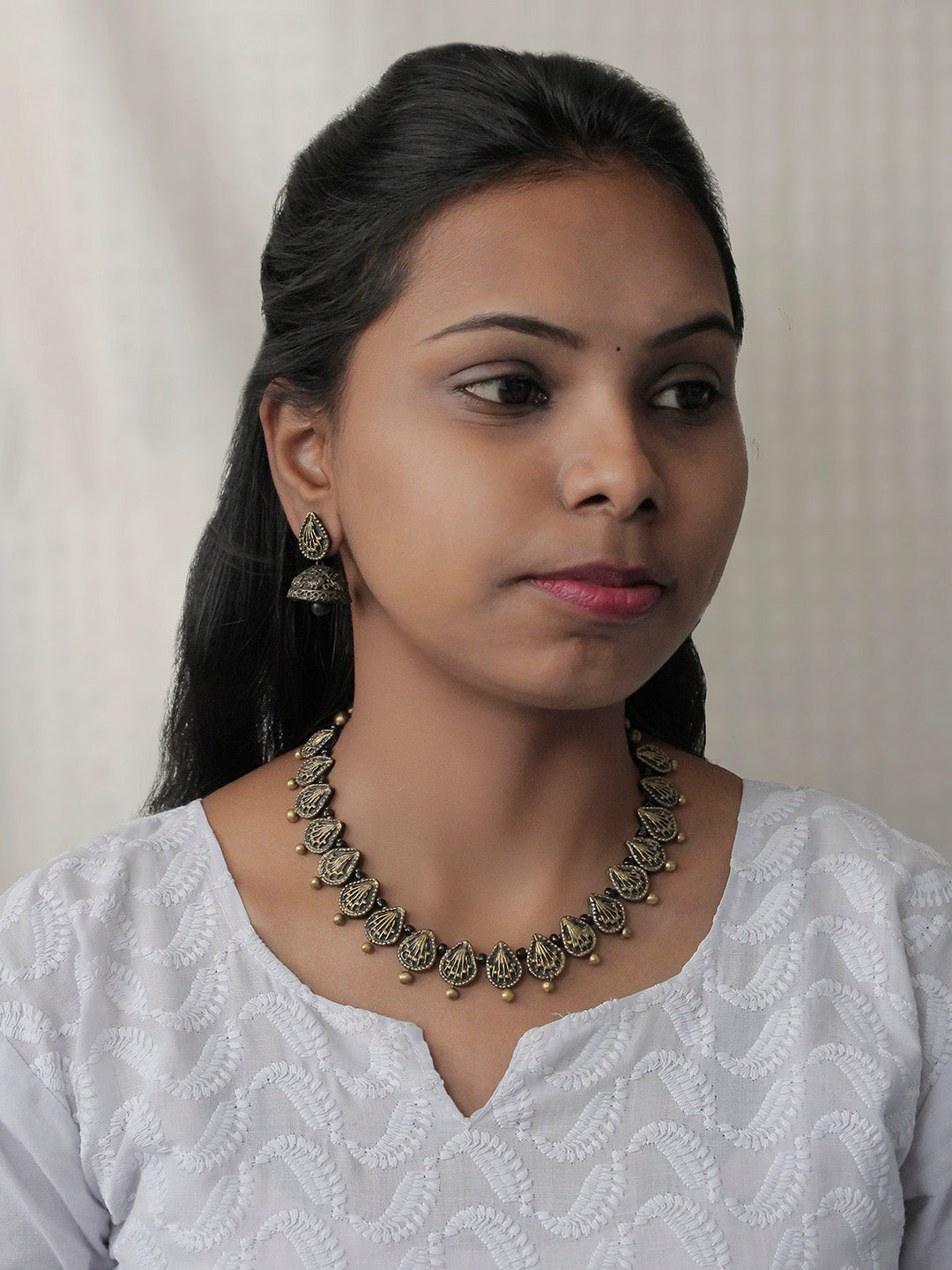 Handcrafted Antique Brass Coral Design Pendant Choker Earrings Set