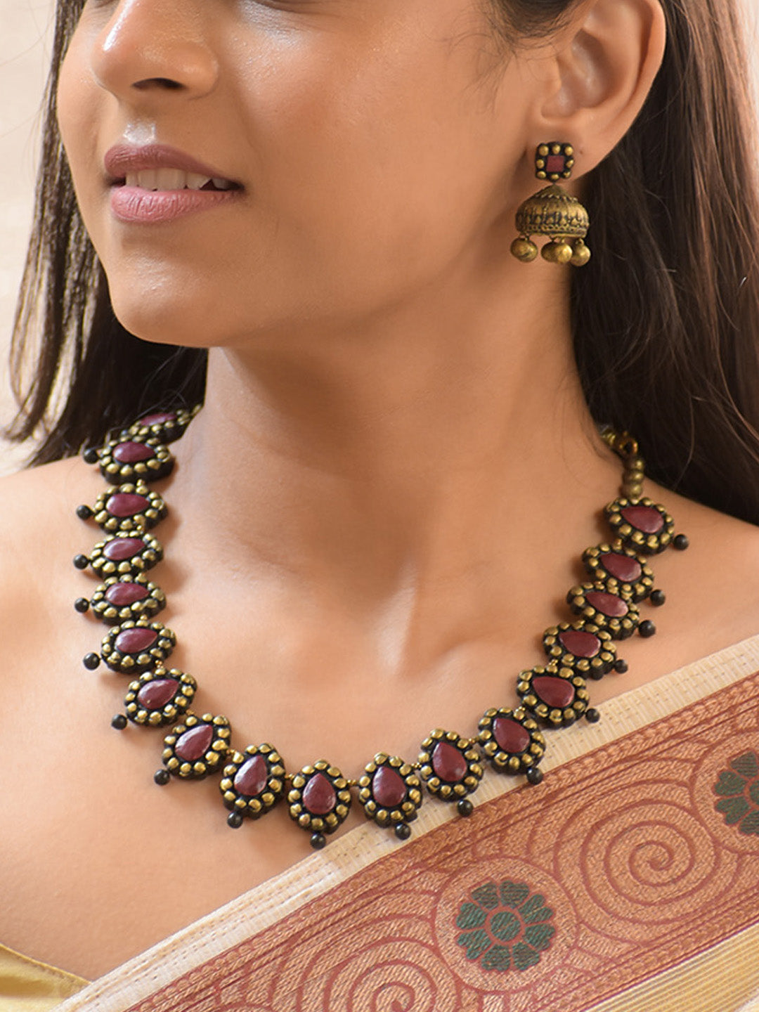 Handcrafted Antique Beaded Maroon Stone Necklace Set