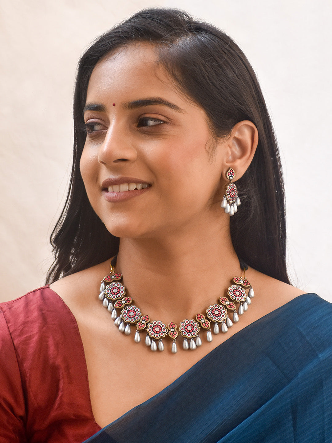 Handcrafted Painted Floral Necklace and Earrings Set with Antique Silver and Pink color